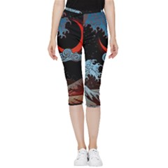 Night In The Ocean Red Waves Art Moon Dark Japanese Wave Inside Out Lightweight Velour Capri Leggings  by Perong