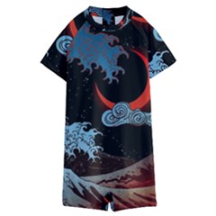 Night In The Ocean Red Waves Art Moon Dark Japanese Wave Kids  Boyleg Half Suit Swimwear by Perong