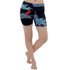 Night In The Ocean Red Waves Art Moon Dark Japanese Wave Lightweight Velour Yoga Shorts by Perong