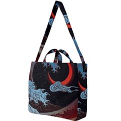 Night In The Ocean Red Waves Art Moon Dark Japanese Wave Square Shoulder Tote Bag by Perong