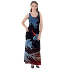 Night In The Ocean Red Waves Art Moon Dark Japanese Wave Sleeveless Velour Maxi Dress by Perong