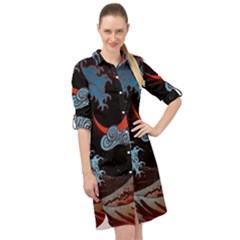 Night In The Ocean Red Waves Art Moon Dark Japanese Wave Long Sleeve Mini Shirt Dress by Perong