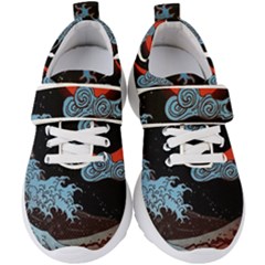 Night In The Ocean Red Waves Art Moon Dark Japanese Wave Kids  Velcro Strap Shoes by Perong