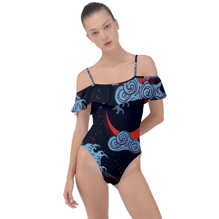 Night In The Ocean Red Waves Art Moon Dark Japanese Wave Frill Detail One Piece Swimsuit