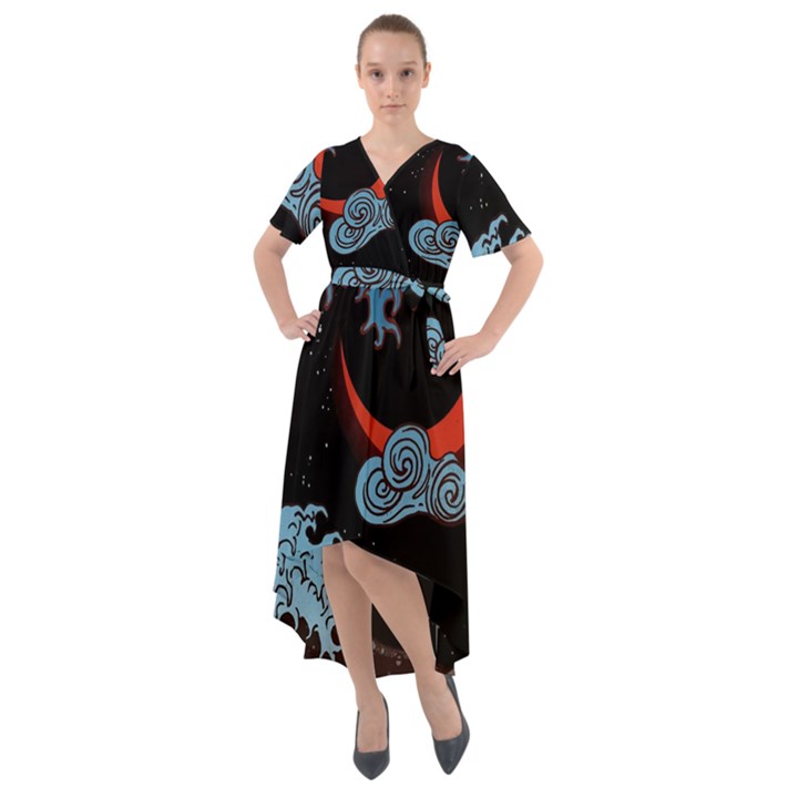 Night In The Ocean Red Waves Art Moon Dark Japanese Wave Front Wrap High Low Dress