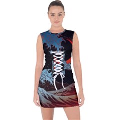 Night In The Ocean Red Waves Art Moon Dark Japanese Wave Lace Up Front Bodycon Dress by Perong