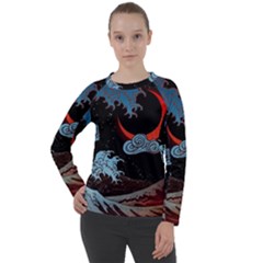 Night In The Ocean Red Waves Art Moon Dark Japanese Wave Women s Long Sleeve Raglan T-shirt