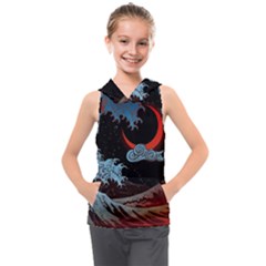 Night In The Ocean Red Waves Art Moon Dark Japanese Wave Kids  Sleeveless Hoodie by Perong