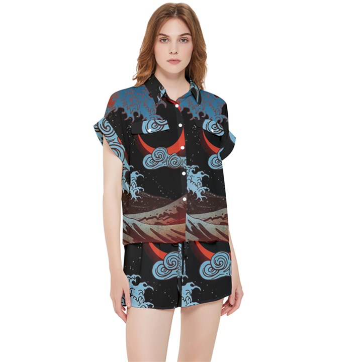 Night In The Ocean Red Waves Art Moon Dark Japanese Wave Chiffon Lounge Set