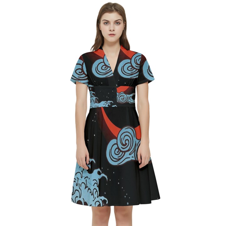 Night In The Ocean Red Waves Art Moon Dark Japanese Wave Short Sleeve Waist Detail Dress