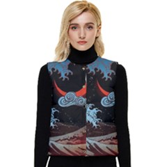 Night In The Ocean Red Waves Art Moon Dark Japanese Wave Women s Button Up Puffer Vest by Perong