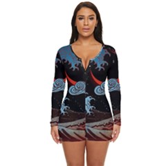 Night In The Ocean Red Waves Art Moon Dark Japanese Wave Long Sleeve Boyleg Swimsuit by Perong