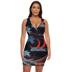 Night In The Ocean Red Waves Art Moon Dark Japanese Wave Draped Bodycon Dress by Perong