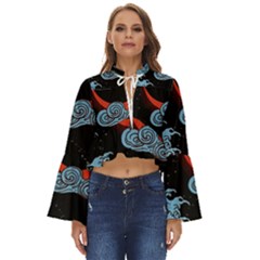 Night In The Ocean Red Waves Art Moon Dark Japanese Wave Boho Long Bell Sleeve Top