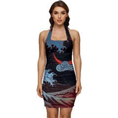 Night In The Ocean Red Waves Art Moon Dark Japanese Wave Sleeveless Wide Square Neckline Ruched Bodycon Dress by Perong