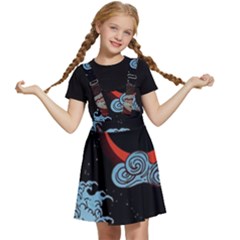 Night In The Ocean Red Waves Art Moon Dark Japanese Wave Kids  Apron Dress by Perong