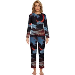 Night In The Ocean Red Waves Art Moon Dark Japanese Wave Womens  Long Sleeve Lightweight Pajamas Set by Perong