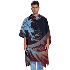 Night In The Ocean Red Waves Art Moon Dark Japanese Wave Men s Hooded Rain Ponchos