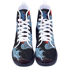 Night In The Ocean Red Waves Art Moon Dark Japanese Wave Women s High-top Canvas Sneakers by Perong