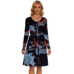 Night In The Ocean Red Waves Art Moon Dark Japanese Wave Long Sleeve Dress With Pocket by Perong