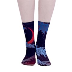 Night In The Ocean Red Waves Art Moon Dark Japanese Wave Smooth Crew Length Tube Socks