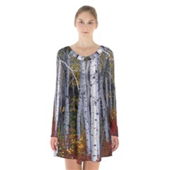 White Birch Trees Autumn Long Sleeve Velvet V-neck Dress