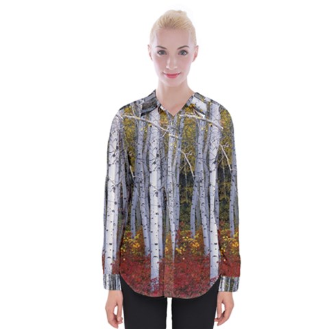 White Birch Trees Autumn Womens Long Sleeve Shirt by Perong