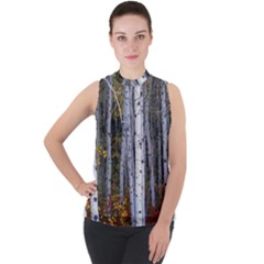 White Birch Trees Autumn Mock Neck Chiffon Sleeveless Top by Perong