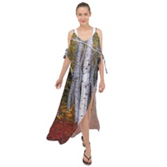 White Birch Trees Autumn Maxi Chiffon Cover Up Dress by Perong