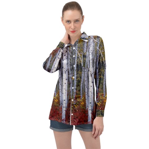 White Birch Trees Autumn Long Sleeve Satin Shirt by Perong