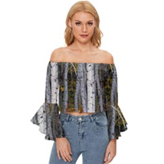 White Birch Trees Autumn Off Shoulder Flutter Bell Sleeve Top