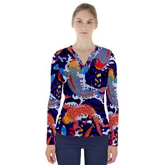 Koi Fish Traditional Japanese Art V-neck Long Sleeve Top by Perong