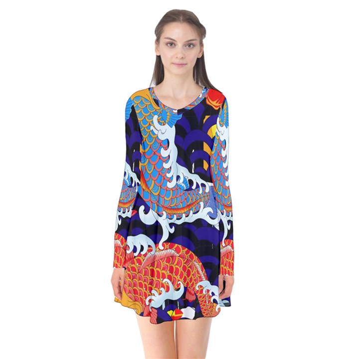 Koi Fish Traditional Japanese Art Long Sleeve V-neck Flare Dress