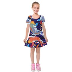 Koi Fish Traditional Japanese Art Kids  Short Sleeve Velvet Dress