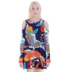 Koi Fish Traditional Japanese Art Velvet Long Sleeve Shoulder Cutout Dress