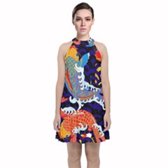 Koi Fish Traditional Japanese Art Velvet Halter Neckline Dress 