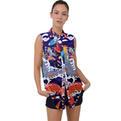 Koi Fish Traditional Japanese Art Sleeveless Chiffon Button Shirt