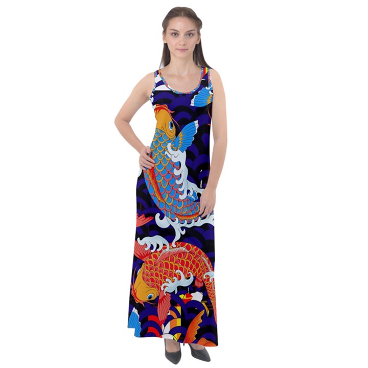 Koi Fish Traditional Japanese Art Sleeveless Velour Maxi Dress