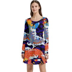 Koi Fish Traditional Japanese Art Long Sleeve Velour Skater Dress by Perong