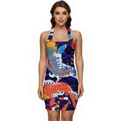 Koi Fish Traditional Japanese Art Sleeveless Wide Square Neckline Ruched Bodycon Dress by Perong