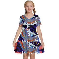 Koi Fish Traditional Japanese Art Kids  Short Sleeve Tiered Mini Dress by Perong