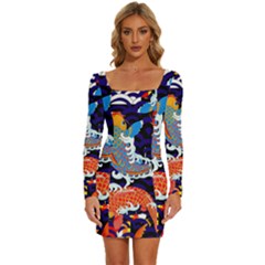 Koi Fish Traditional Japanese Art Long Sleeve Square Neck Bodycon Velvet Dress by Perong