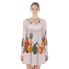 Drawing Botanical Long Sleeve Velvet V-neck Dress