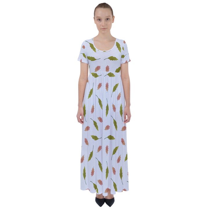 Leaves Pattern Seamless Texture High Waist Short Sleeve Maxi Dress