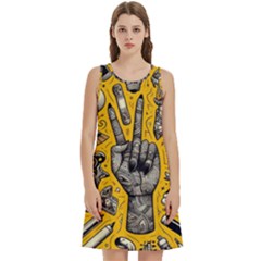 Yellow Template Design Round Neck Sleeve Casual Dress With Pockets by Perong