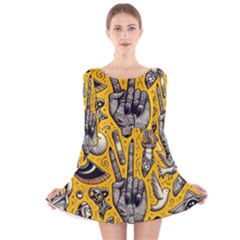 Yellow Template Design Long Sleeve Velvet Skater Dress