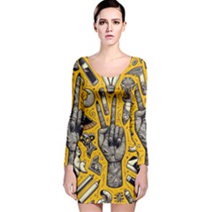 Yellow Template Design Long Sleeve Velvet Bodycon Dress