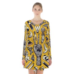 Yellow Template Design Long Sleeve Velvet V-neck Dress