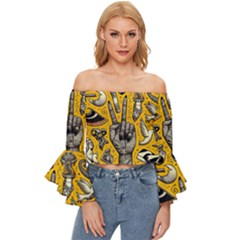 Yellow Template Design Off Shoulder Flutter Bell Sleeve Top