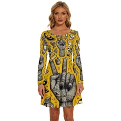 Yellow Template Design Long Sleeve Wide Neck Velvet Dress